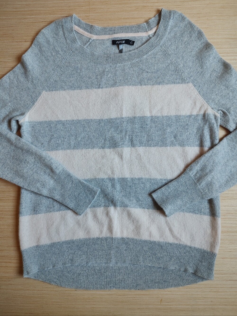 APT 9 Cashmere Pullover Sweater Striped Pink Grey Blue High Low Long Sleeve M